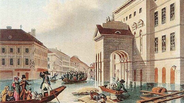 Kit neveztek így: az árvízi hajós? (Kép: Johann Hürlimann: Árvíz a pesti Színház-téren, 1838)